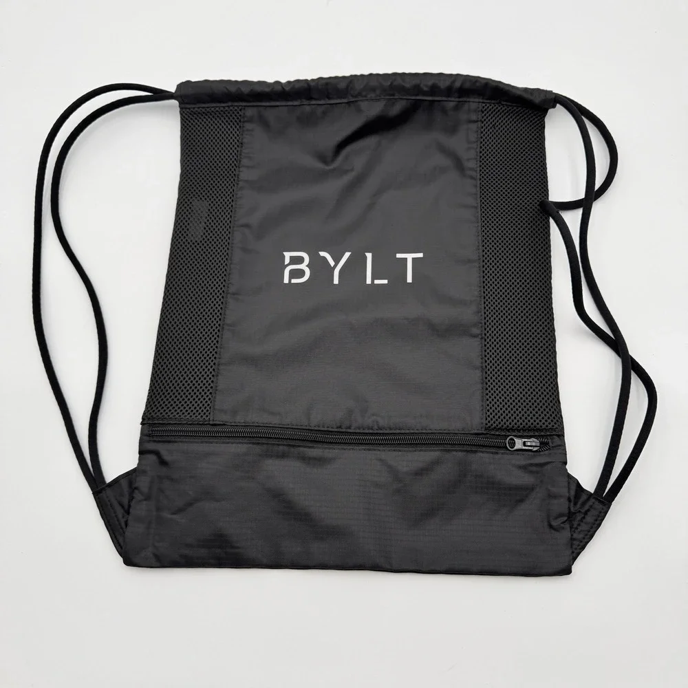 BYLT Drawstring Backpack Unisex M Black Front Zip Mesh Ripstop Gym Bag Sporty